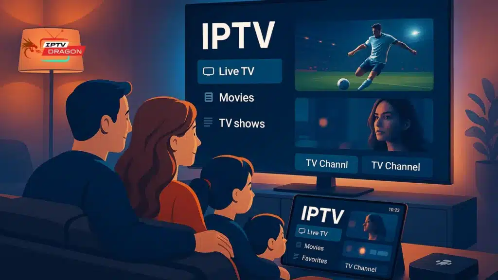famille regardant la télévision avec un abonement IPTV moderne en 2025