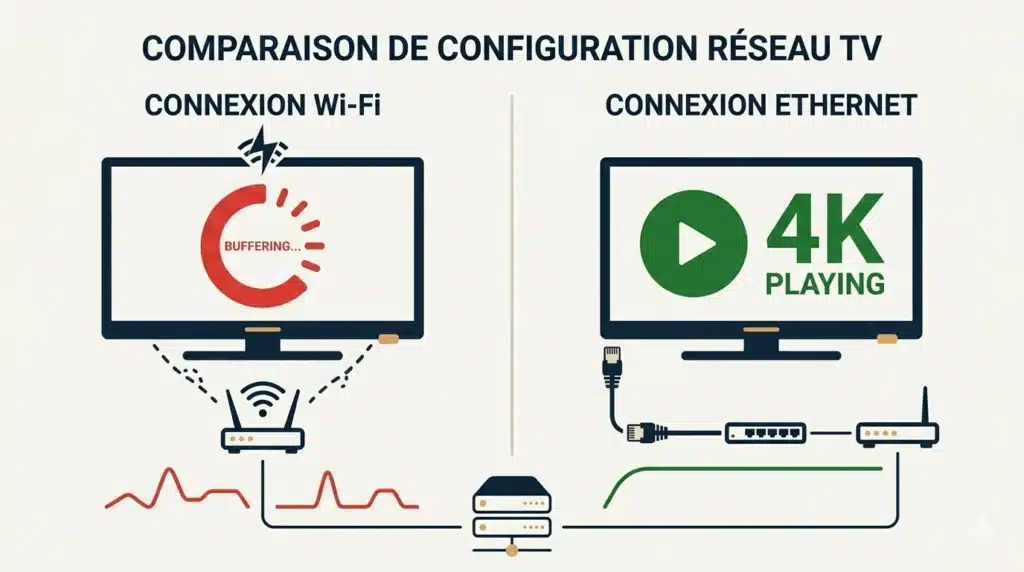 iptv premium connexion ethernet vs wifi buffering qualité 4K optimisation réseau