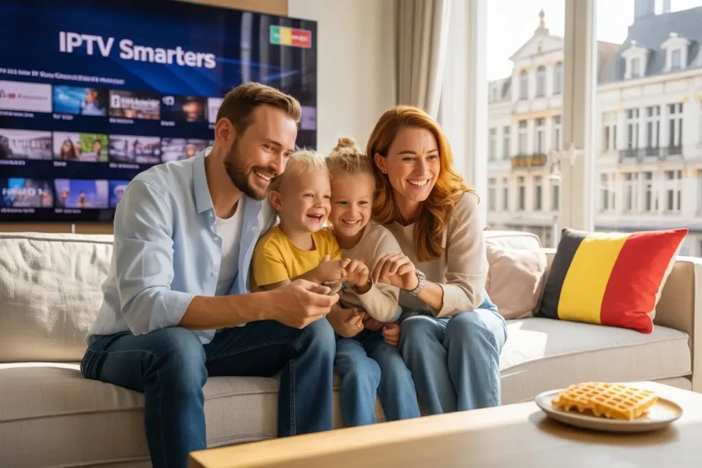 Utilisateur profitant d’une interface IPTV in Belgie sur Smart TV avec chaînes belges et internationales, abonnement IPTV Belgique fiable.