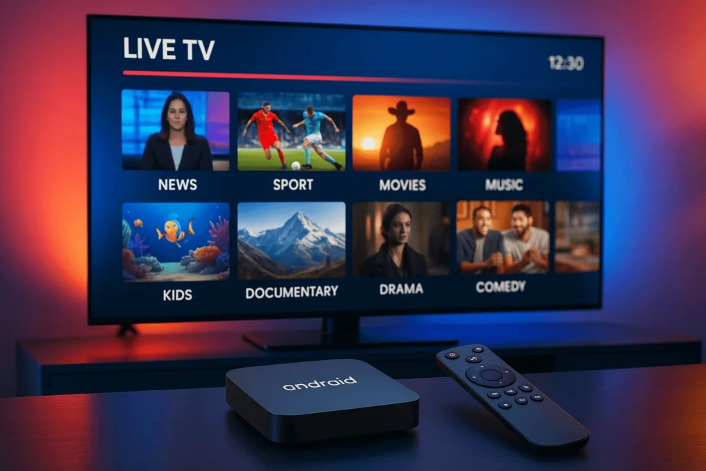 IPTV Box moderne connectée à une TV 4K dans un salon contemporain