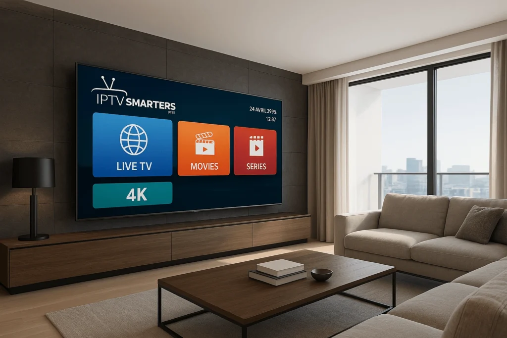 Interface IPTV Smarters Pro en action avec un abonnement iptv smarters sur un écran 4K dans un salon moderne