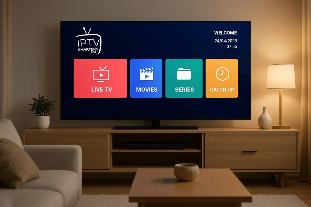Interface de l'application IPTV Smarters Pro avec abonnement IPTV sur une Smart TV
