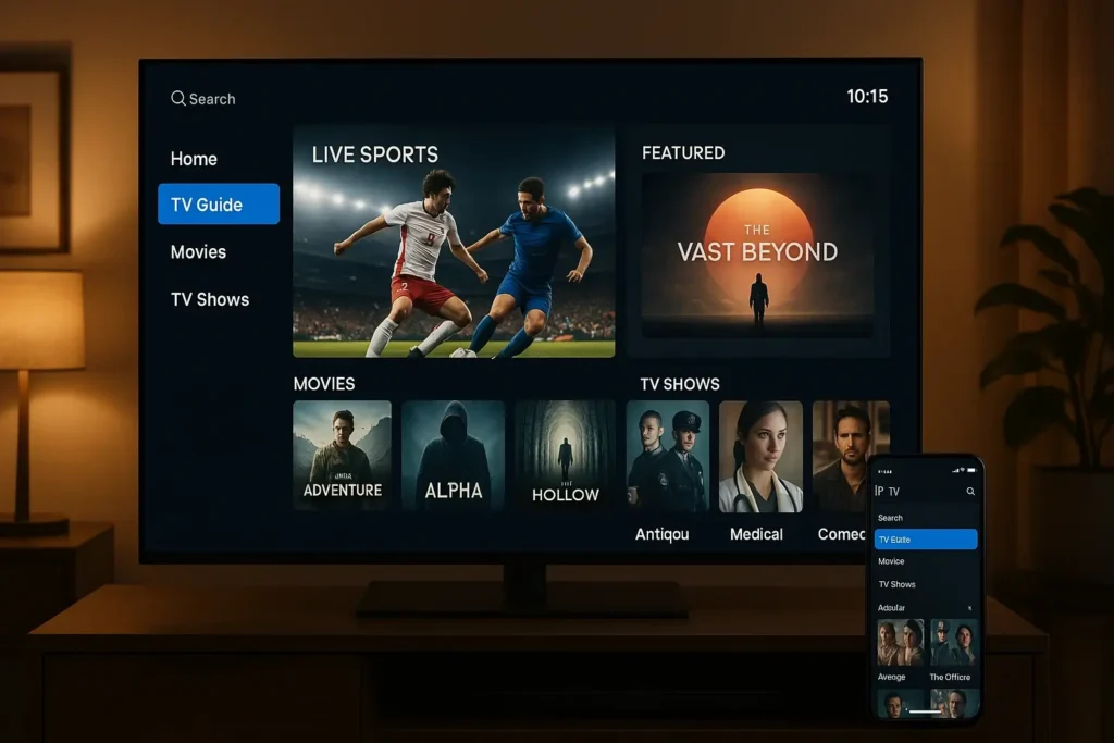 Interface du meilleur ip tv sur Smart TV et smartphone avec films, sport et chaînes internationales en 2025