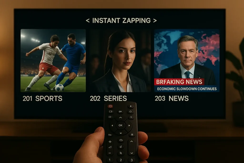 Zapping rapide entre chaînes sur un iptv premium avec télécommande moderne