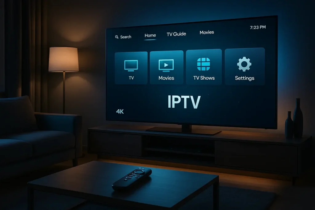 Interface IPTV sur Fire Stick affichée sur un écran 4K dans un salon moderne