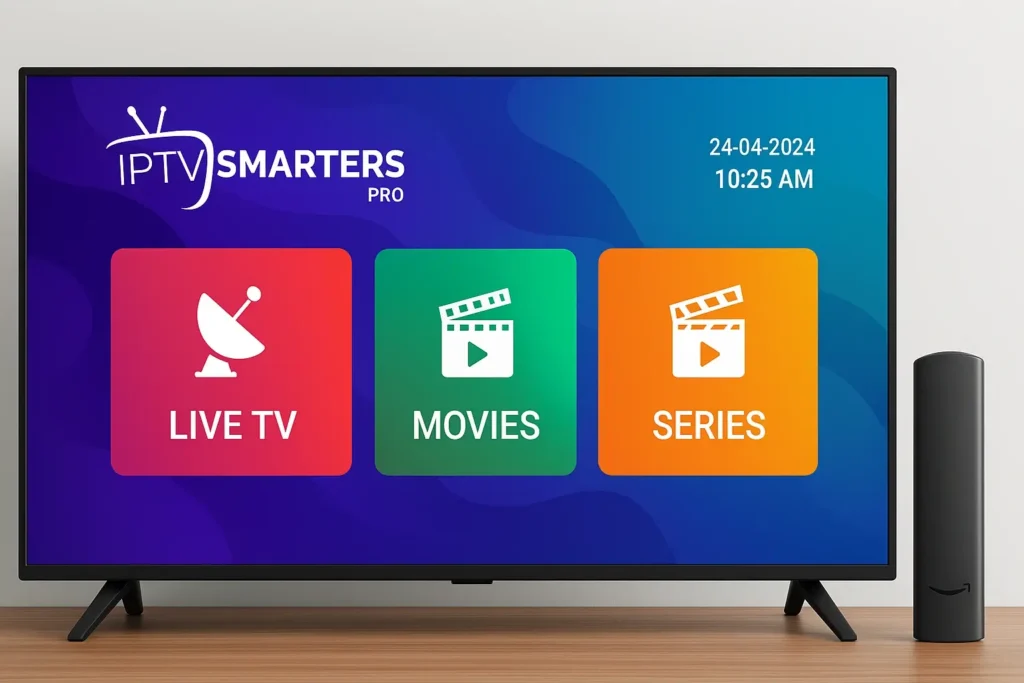 Interface de l’application IPTV Smarters Pro sur Fire Stick avec chaînes et VOD classées