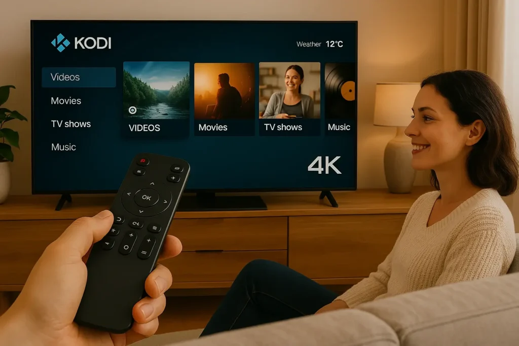 Femme utilisant IPTV Kodi sur sa télévision 4K dans un salon moderne en Europe

