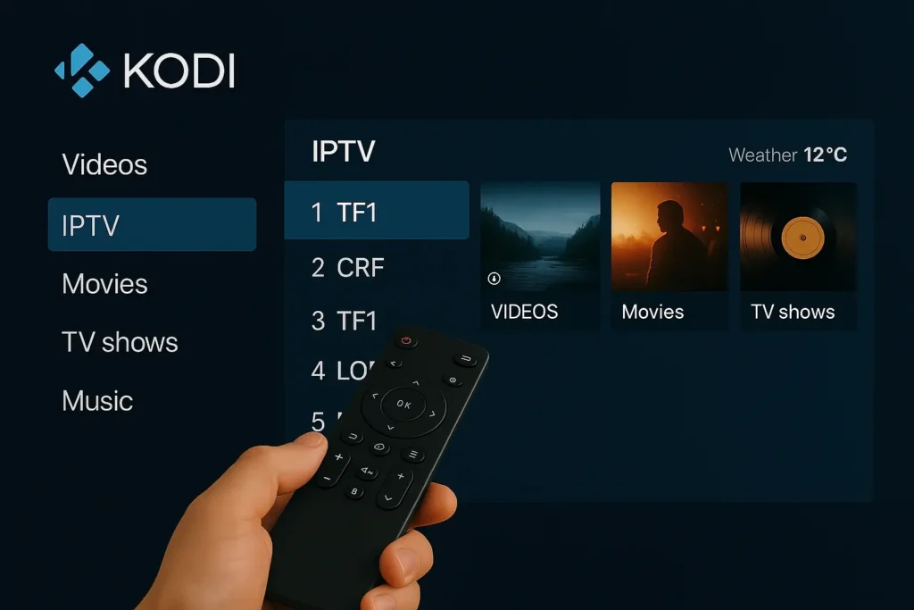 Interface de IPTV Kodi avec menu de chaînes actives en 2025

