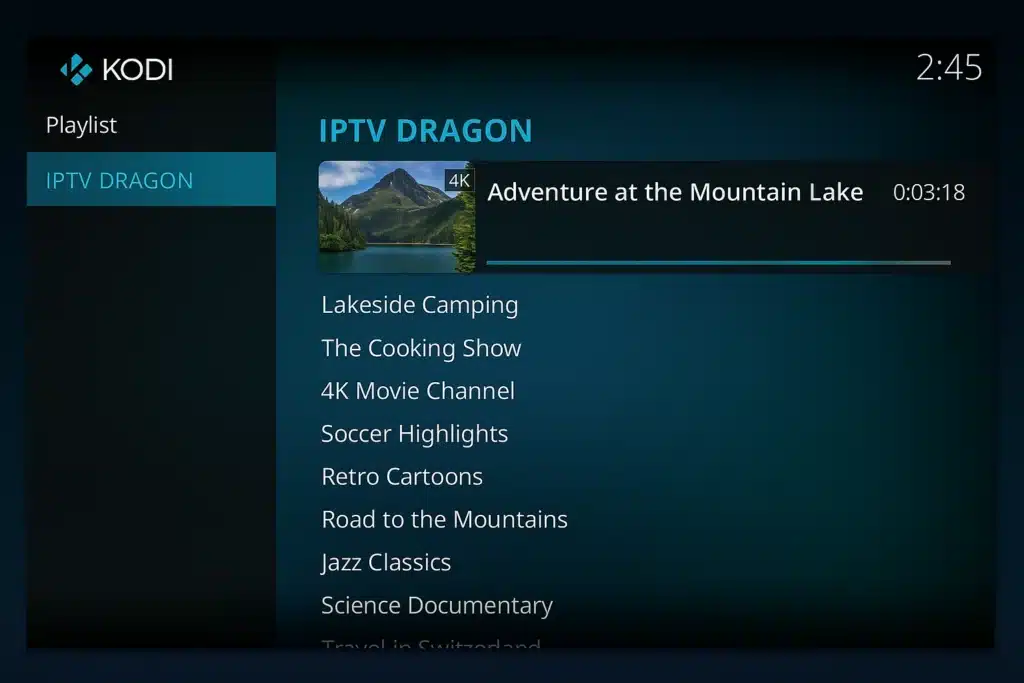 Interface de Kodi avec playlist IPTV DRAGON en qualité 4K fluide