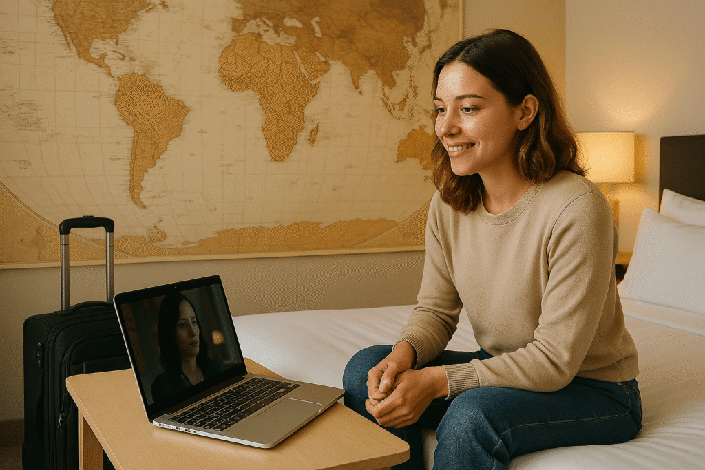 Utilisatrice de codes IPTV en déplacement, regardant la TV avec iptv code actif depuis l'étranger

