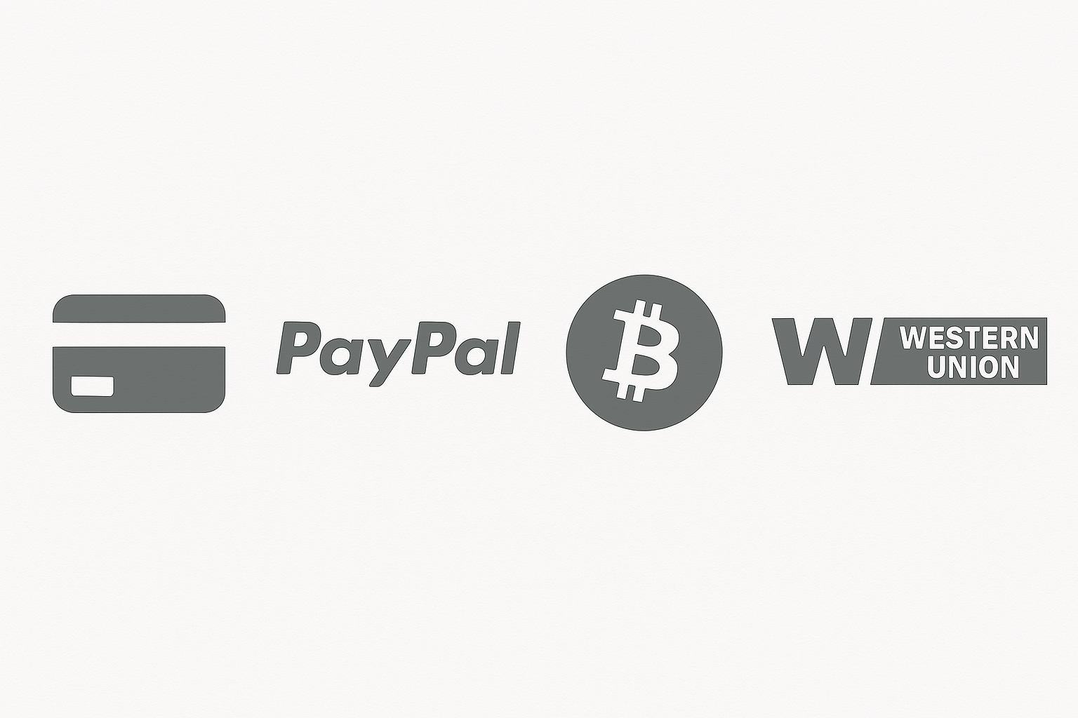 Icônes de modes de paiement : carte bancaire, PayPal, Bitcoin, Western Union, avec fond clair et moderne


