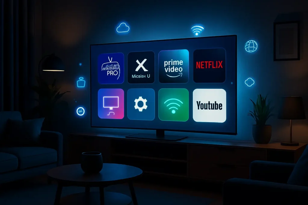 iptv gratuit smart tv 2025 sur téléviseur connecté dans un salon moderne français


