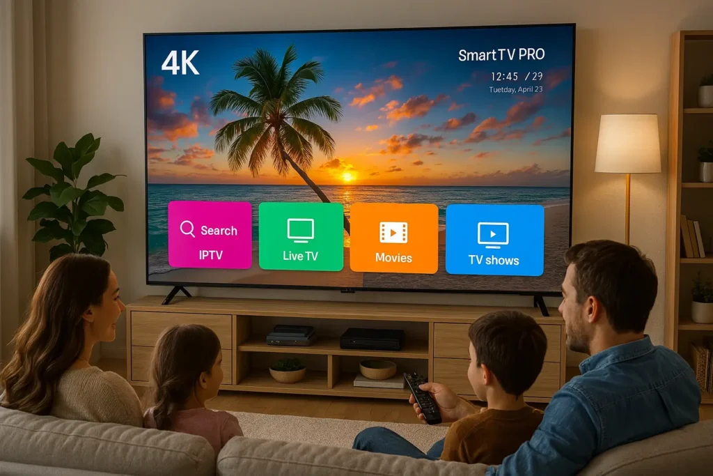 Famille regardant IPTV FR en qualité 4K sur Smart TV Pro – meilleur abonnement IPTV FR en 2025