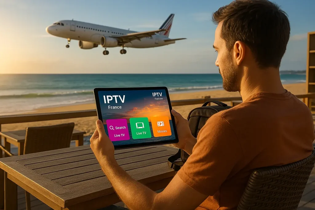 Voyageur regardant IPTV FR sur tablette – abonnement IPTV France accessible partout