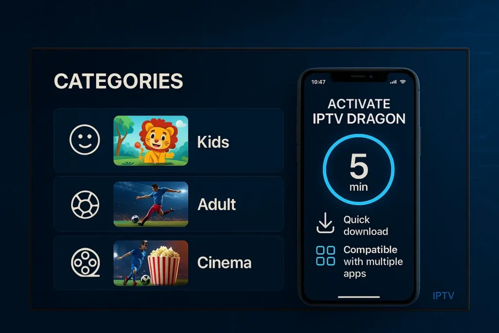 Interface IPTV FR avec catégories pour enfants, adultes, sports, cinéma – abonnement IPTV FR