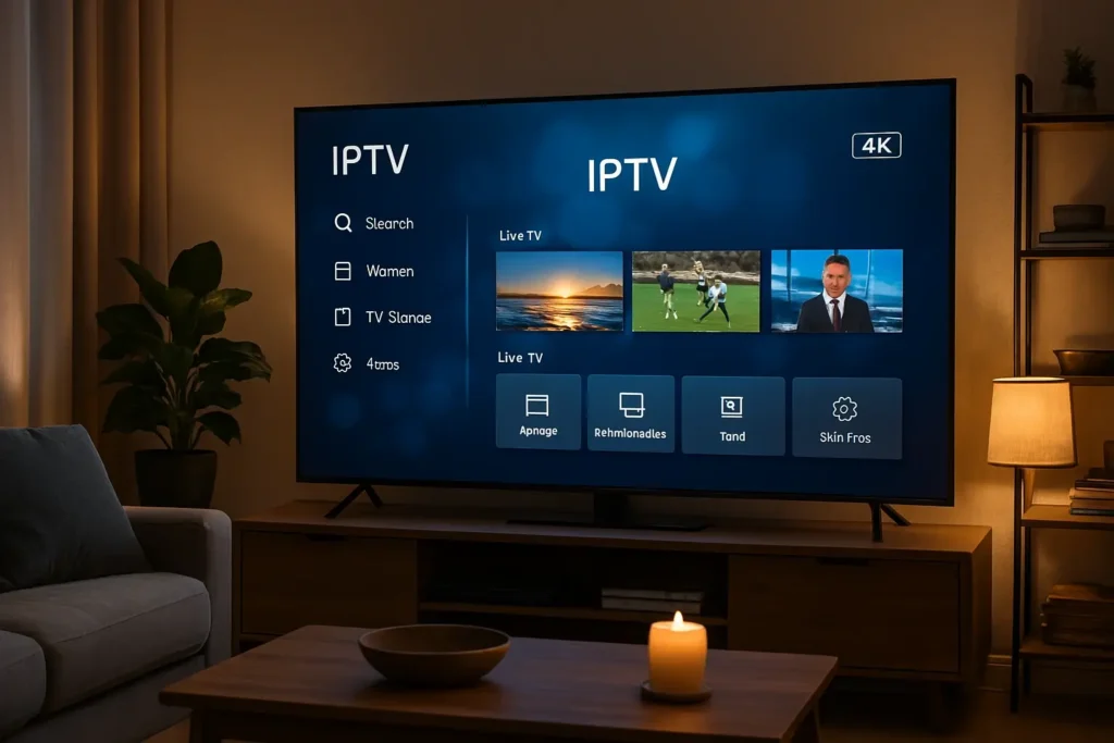Image de qualité illustrant IPTV sur Smart TV en streaming 4K dans un salon moderne