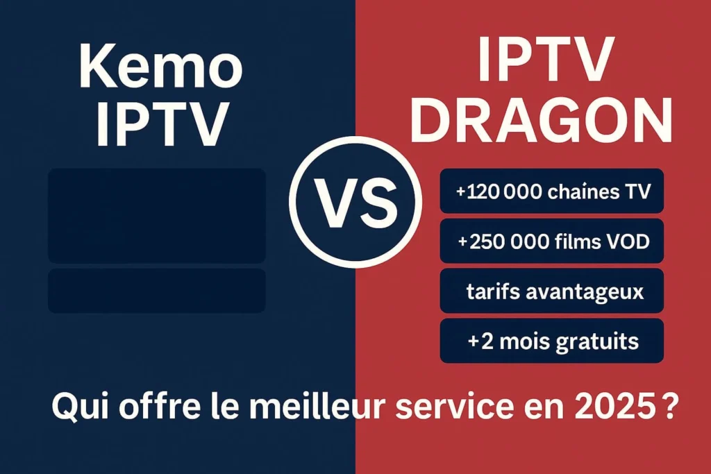 Image de comparaison entre Kemo IPTV et IPTV DRAGON, mettant en avant les chaînes, VOD et les offres exclusives d’IPTV DRAGON.