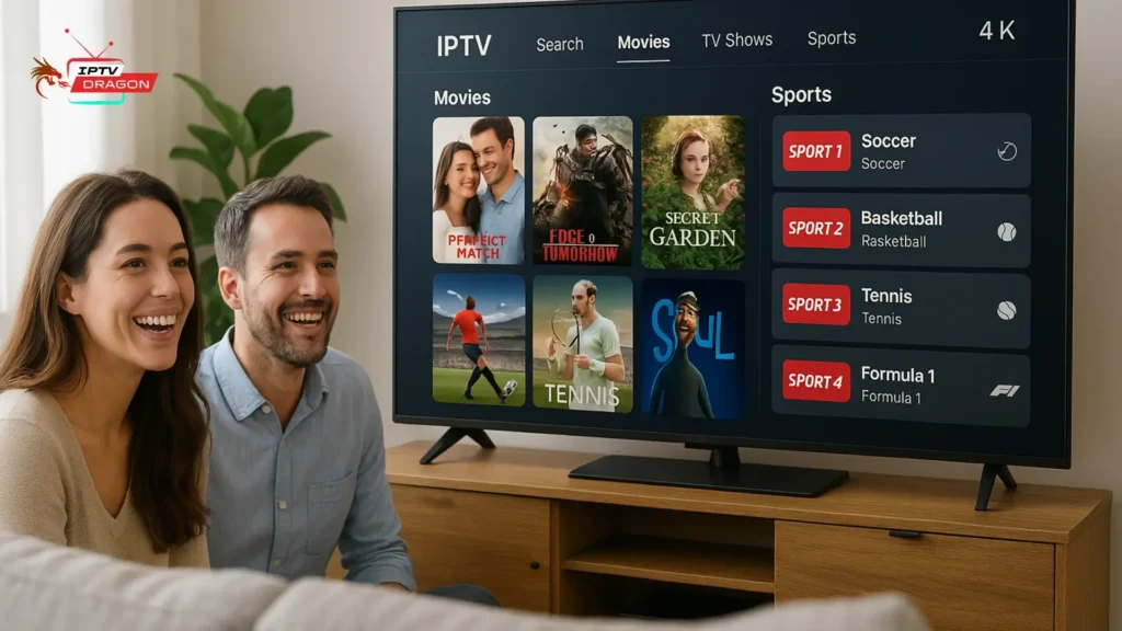 Interface moderne d’un abonnement IPTV illimité avec qualité 4K – Meilleur abonnement IPTV 2025

