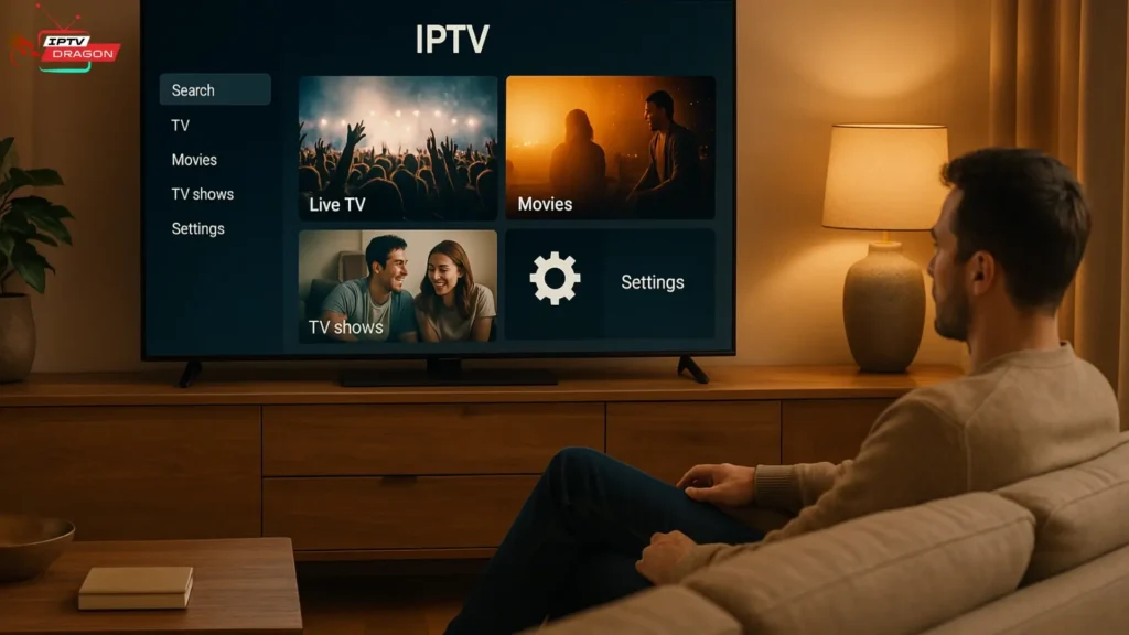 Homme regardant la télévision avec iptv replay france dans un salon moderne