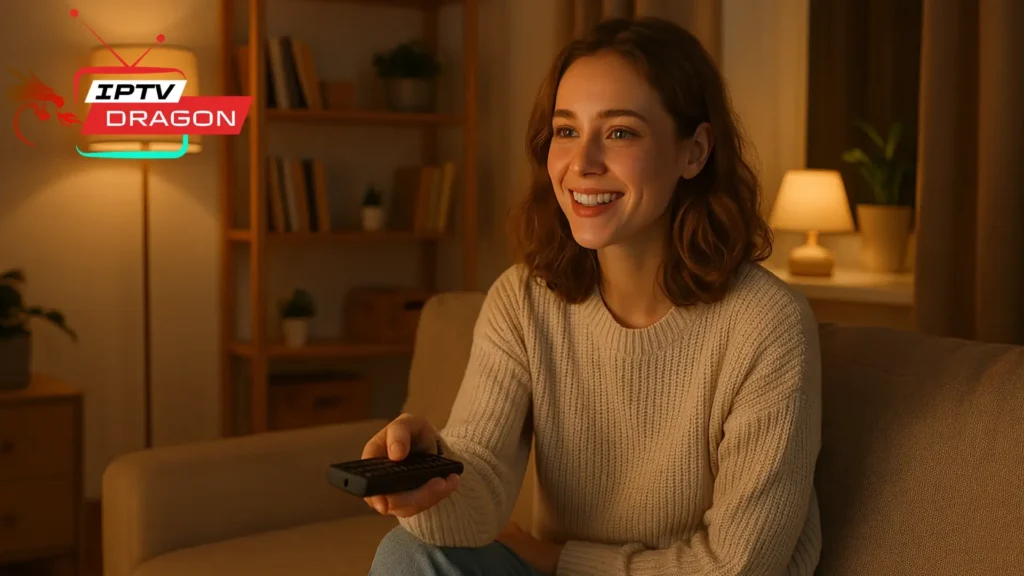 Jeune femme profitant de son abonnement smarter one iptv dans un salon moderne et chaleureux.

