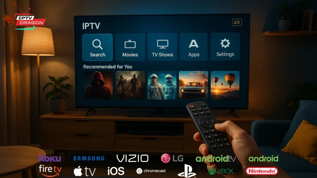 configurer abonnement IPTV Smart TV dans un salon moderne avec une télévision connectée 4K