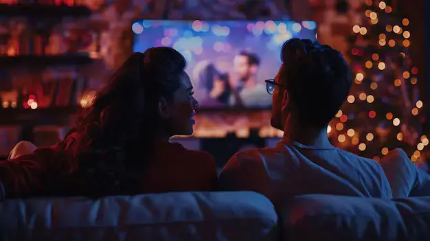 Couple utilisant IPTV adulte multi-écran sur plusieurs appareils dans un salon cosy