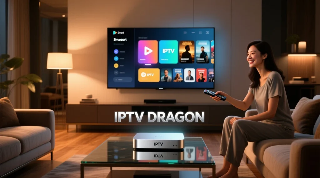 Femme regardant la télévision via un décodeur IPTV avec code, connecté à IPTV DRAGON, en qualité 4K UHD.