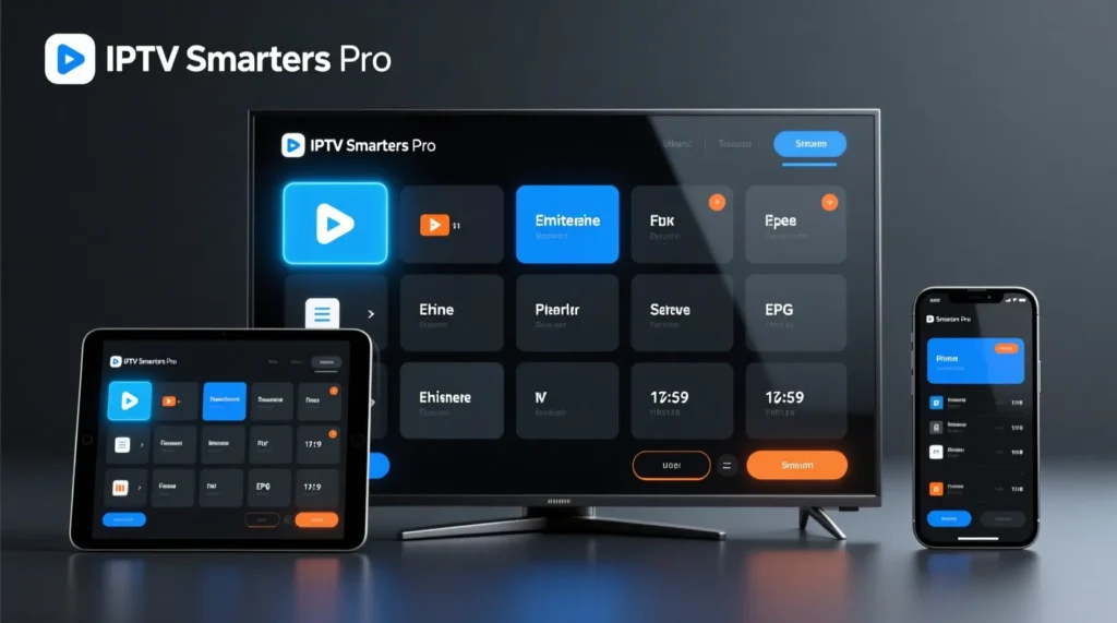 IPTV Smarters Pro EPG interface affichée sur plusieurs appareils avec guide TV électronique
