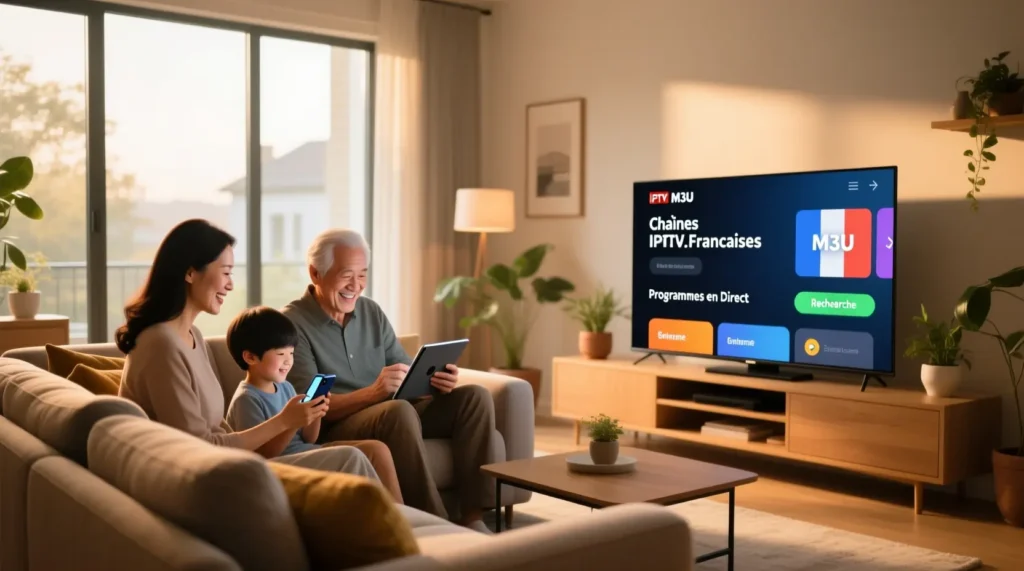 Famille profitant du meilleur iptv m3u french sur Smart TV, tablette et smartphone avec IPTV DRAGON