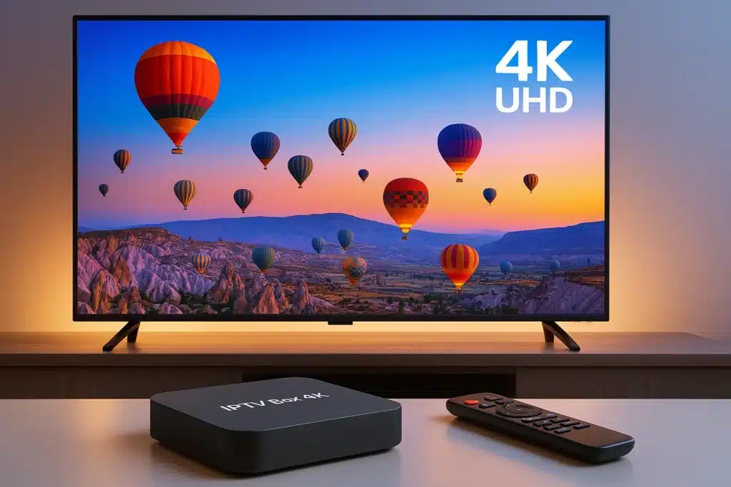 Android TV Box 4K avec ports HDMI et connexions visibles pour récepteur IPTV ultra HD
