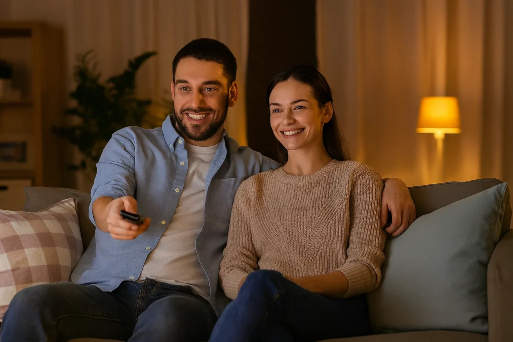 Famille regardant la télévision avec un Abonnement IPTV familial sur grand écran 4K.