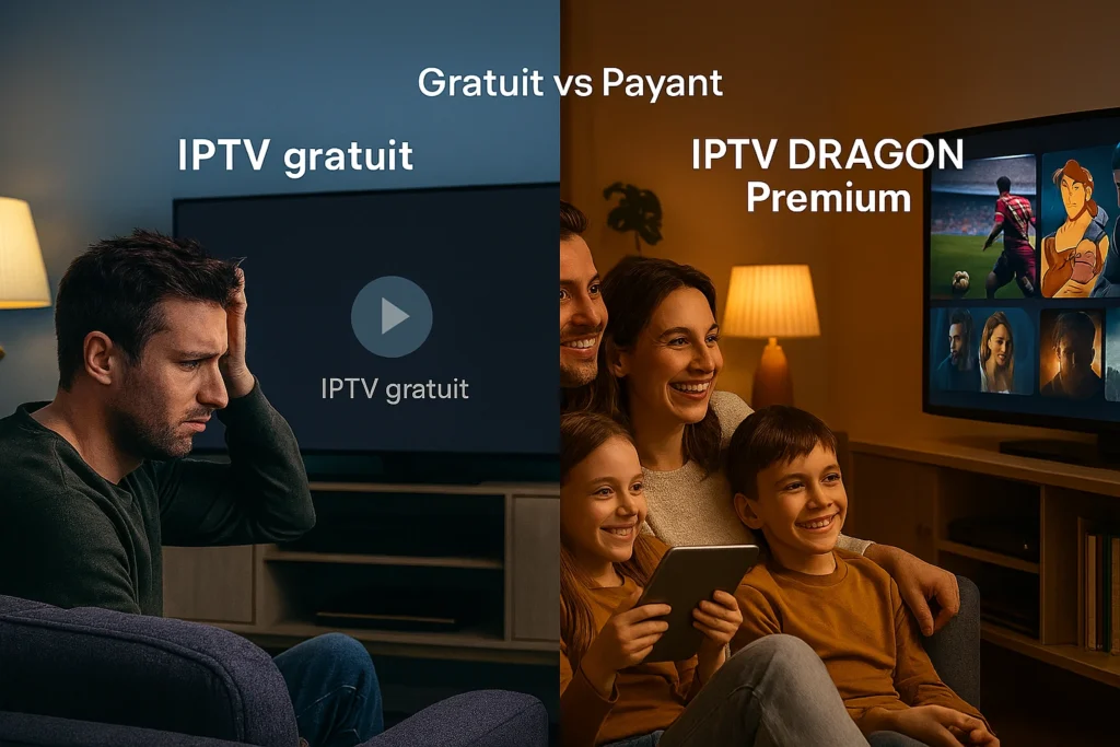 Comparaison entre IPTV gratuit instable et abonnement IPTV familial DRAGON fluide et premium.