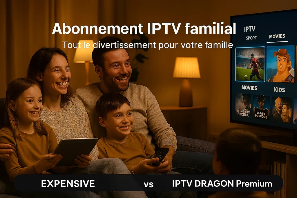 Interface moderne de l’abonnement IPTV DRAGON affichant des chaînes et films 4K UHD.