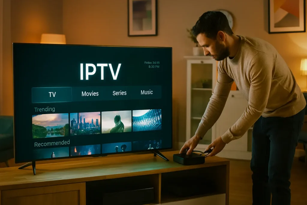 Homme configurant son décodeur IPTV dans un salon moderne avec écran 4K et abonnement IPTV DRAGON.