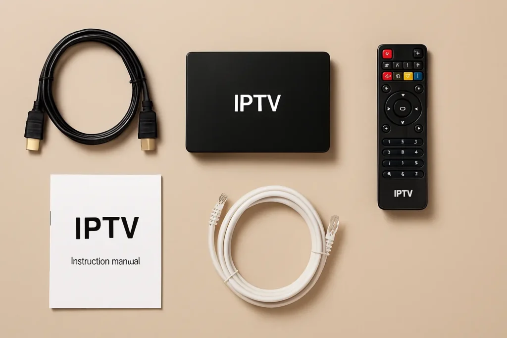 Matériel nécessaire pour configurer un décodeur IPTV : câble HDMI, box IPTV, télécommande et connexion Internet.