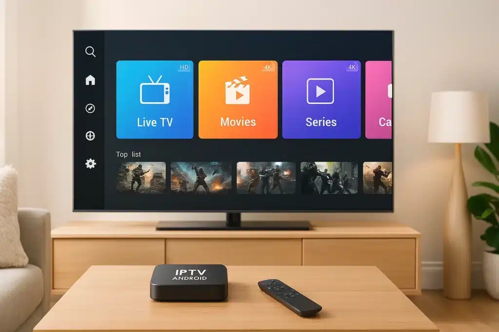 Salon moderne avec un téléviseur 4K et un Décodeur IPTV Android sur la table.