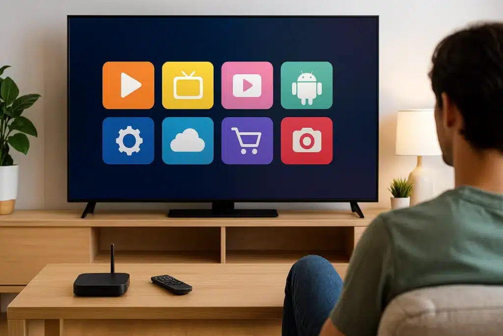 Utilisateur naviguant sur une interface Décodeurs IPTV Android avec plusieurs applications disponibles.
