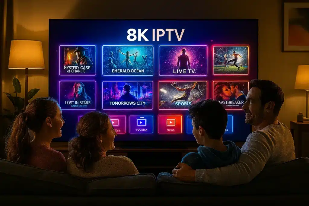 Famille profitant d'un IPTV Abonnement premium 2025 avec qualité streaming 8K sur grand écran