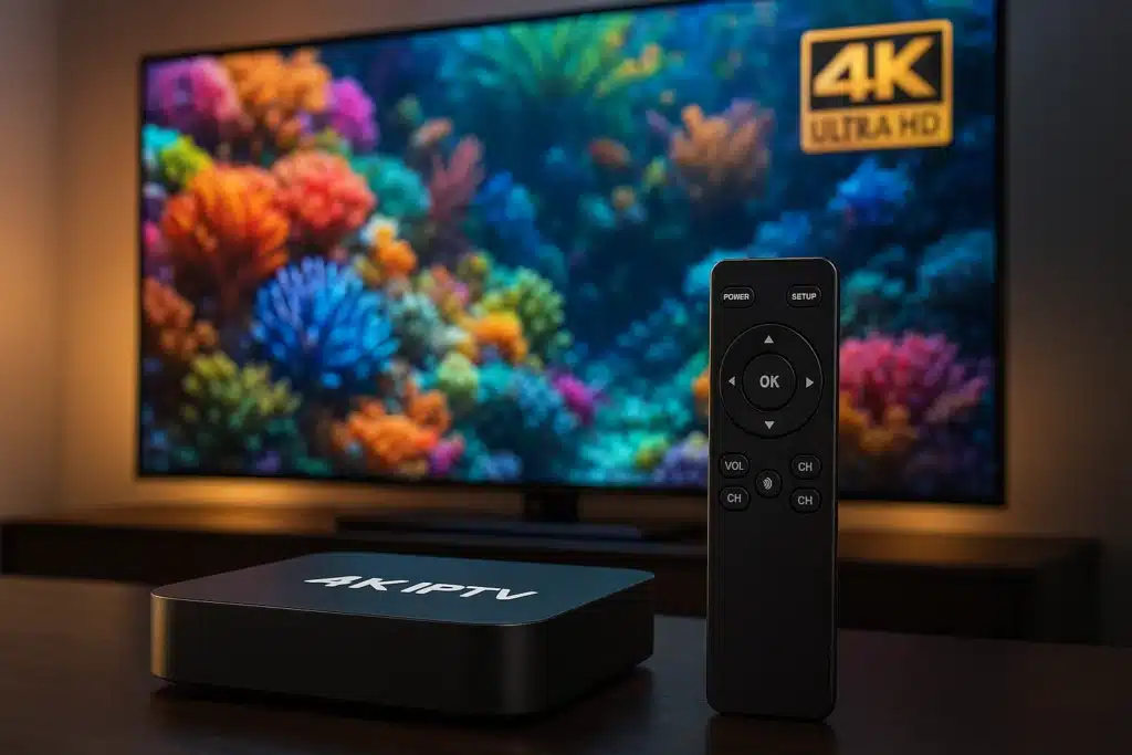 Décodeur IPTV 4K moderne connecté à un téléviseur Ultra HD affichant du contenu en haute définition