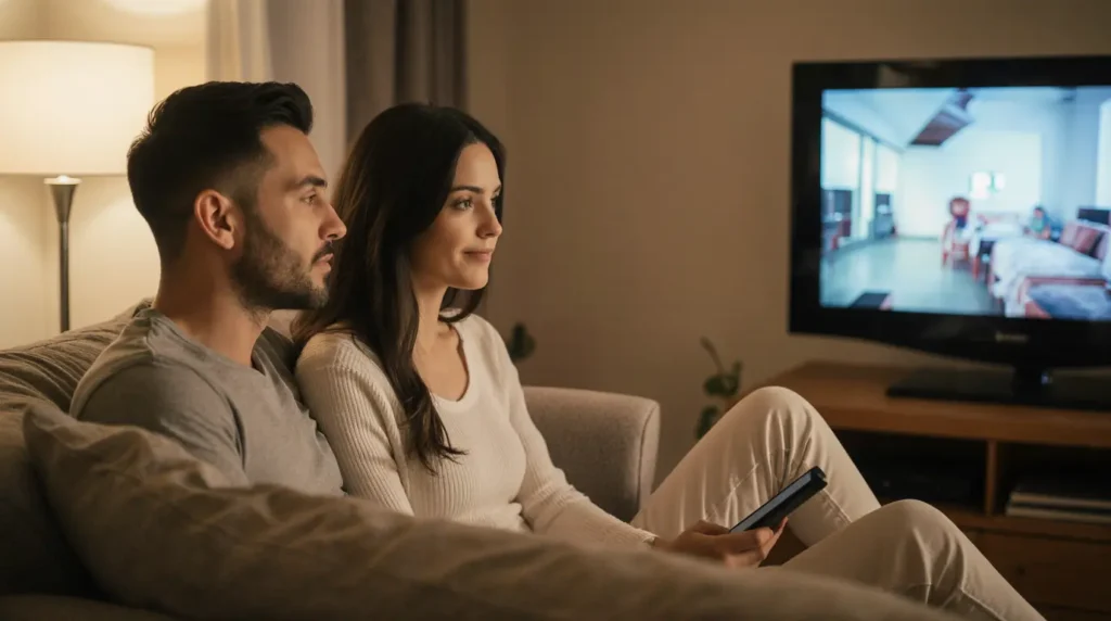 Famille profitant des services premium-ott dans un salon moderne avec logos de streaming