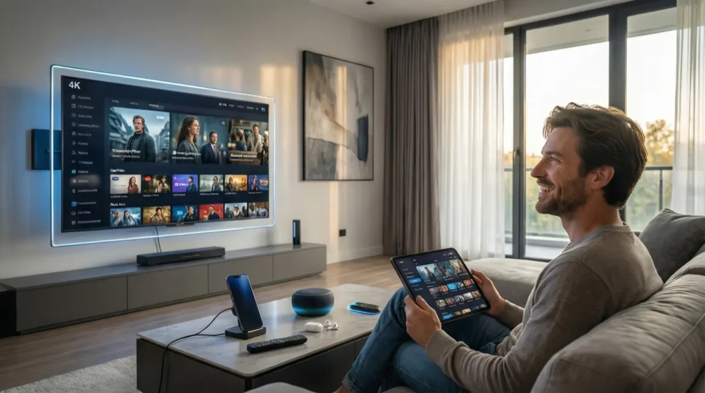 Utilisateur profitant de Xtream IPTV Illimité sur TV et tablette avec un abonnement IPTV pas cher et fiable.