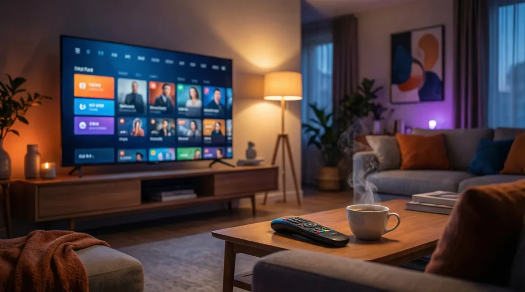 Programme TV ce soir sur IPTV affiché sur écran Smart TV avec guide électronique EPG et grille horaire