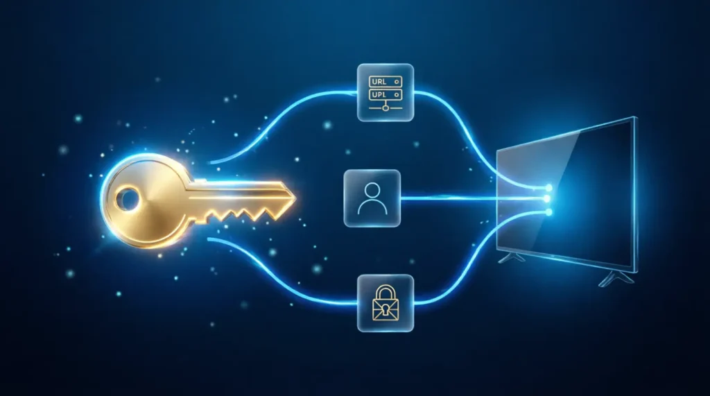 Qu'est-ce qu'un code IPTV — schéma code activation IPTV composé URL serveur identifiant mot de passe pour streaming 4K