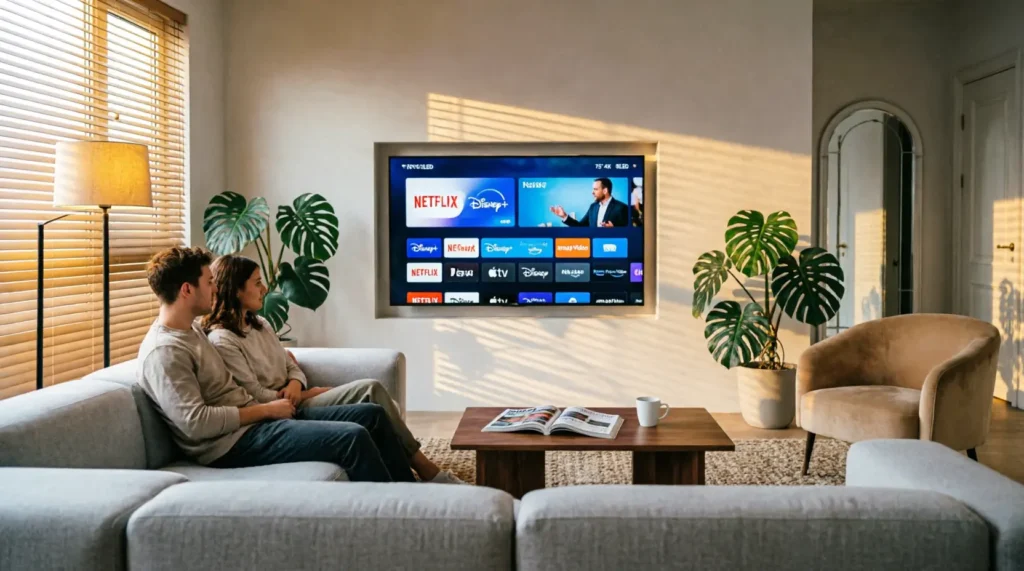 Couple français regardant IPTV pas cher sur Smart TV 4K dans un salon moderne en 2026