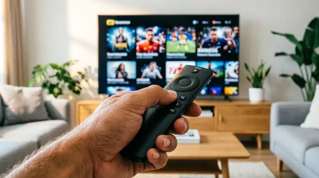 Homme choisissant un abonnement IPTV pas cher sur Smart TV avec télécommande