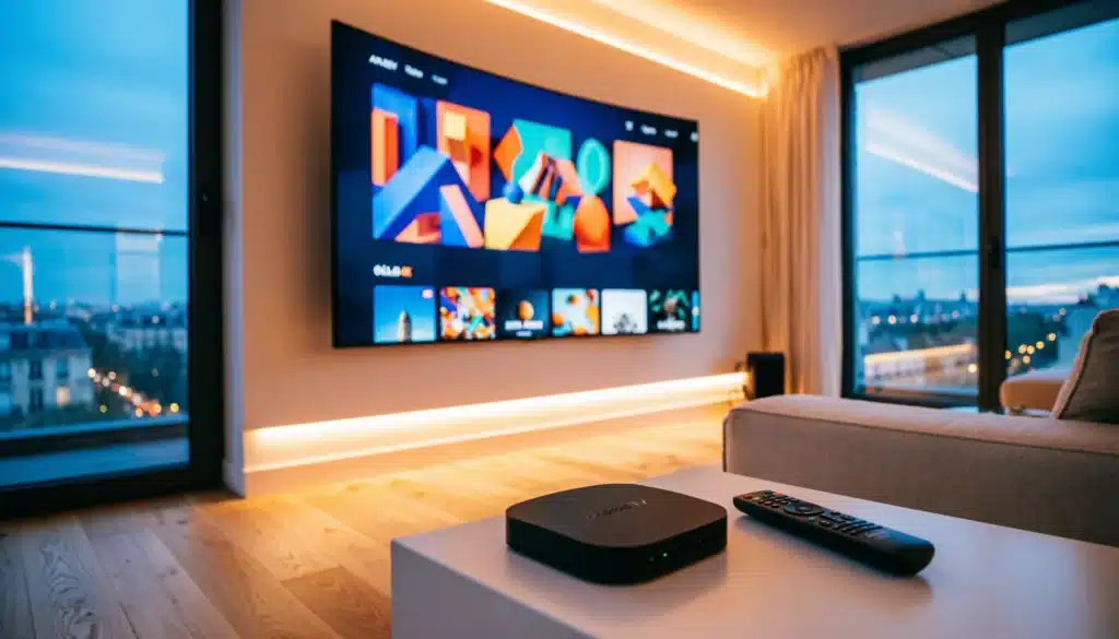 Meilleur décodeur IPTV avec code connecté à une TV 4K dans un appartement moderne