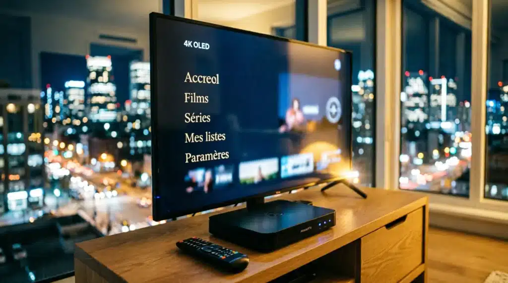 Décodeur IPTV avec abonnement connecté à un téléviseur 4K dans un salon moderne en 2026