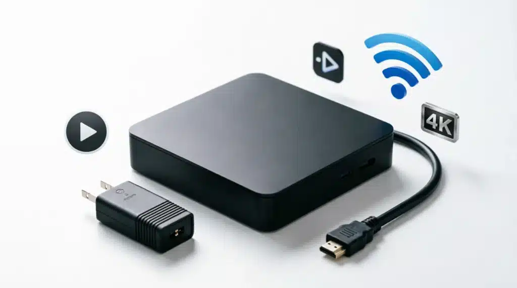 Boîtier IPTV Android avec code Xtream — décodeur IPTV compact connecté par HDMI