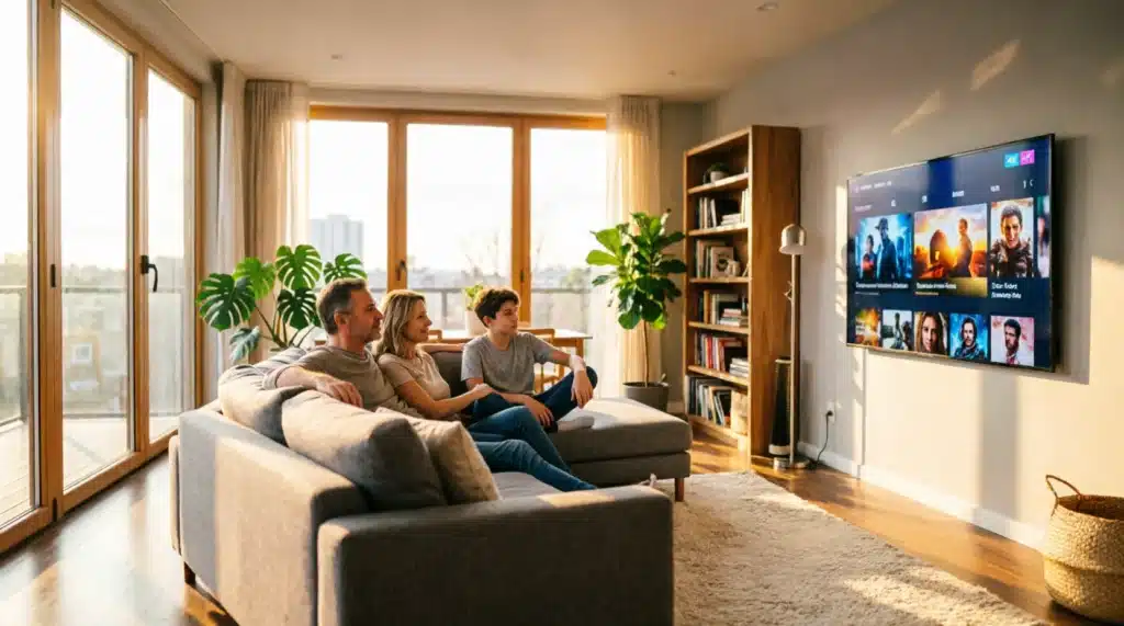 Famille regardant IPTV premium 4K sur Smart TV installée — streaming stable sans coupure 2026