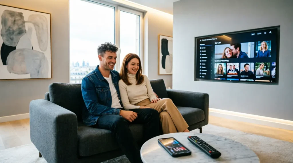 Agence IPTV France avec Smart TV moderne et streaming premium dans salon élégant
